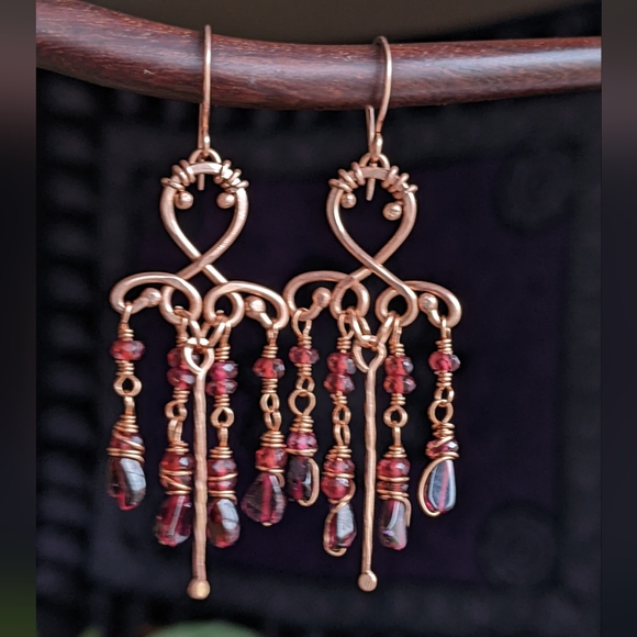 Handmade Garnet Chandelier Earrings Romantic Copper Jewelry - Picture 10 of 13
